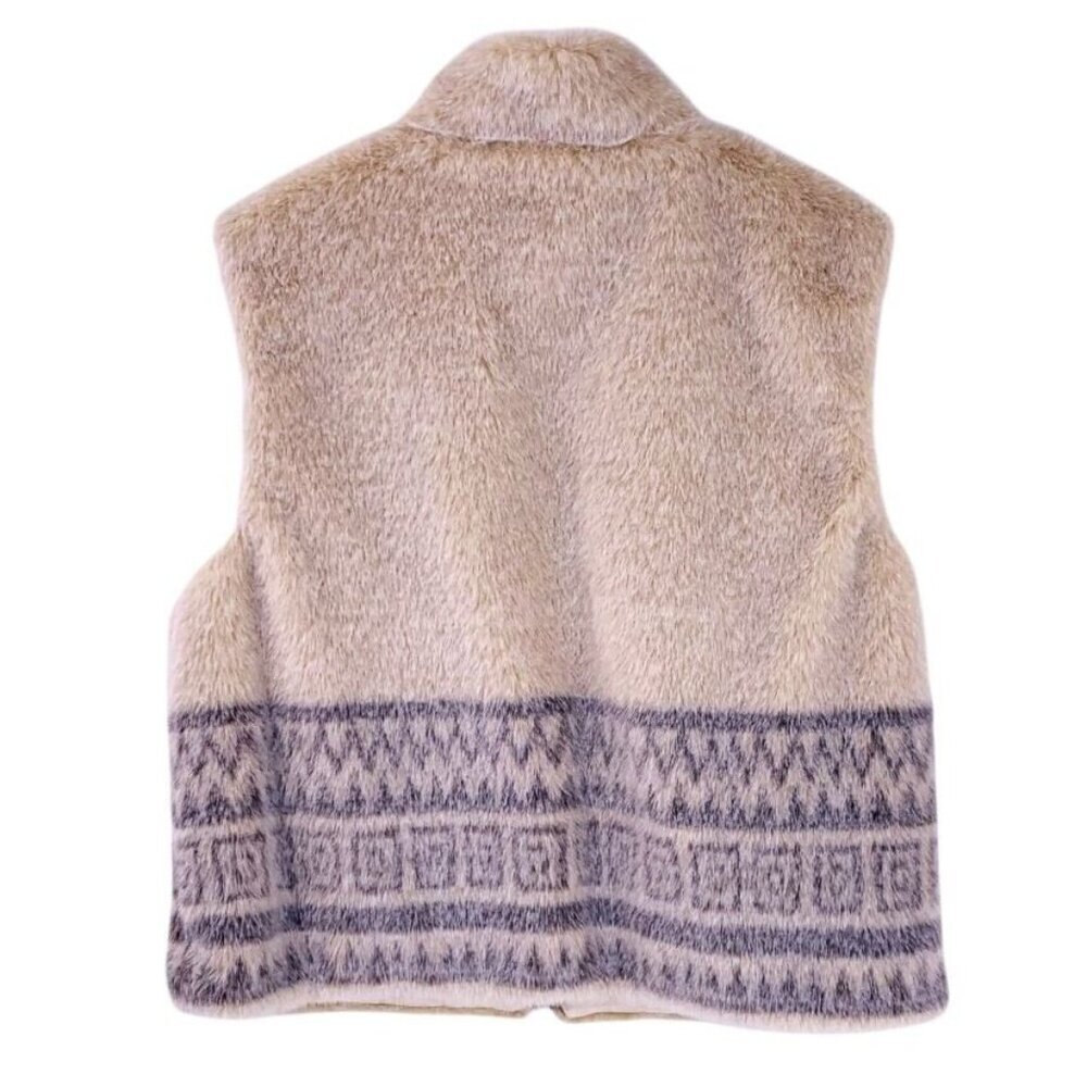 Mondi Escada Beige Faux Fur Vest Geometric Print Zip Front Winter Chic Size 42 - Picture 5 of 5